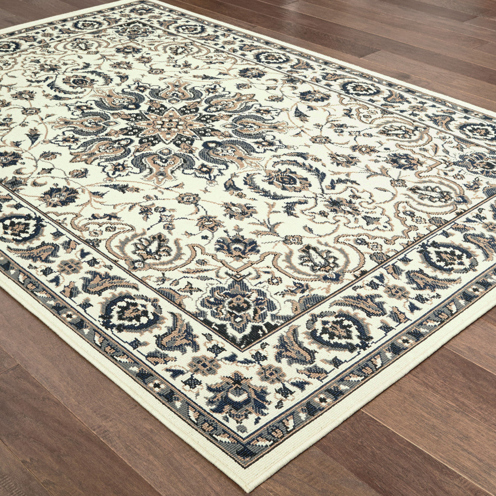Martinique Traditional Medallion Ivory/ Navy Indoor/Outdoor Area Rug, 5'3"x7'6"