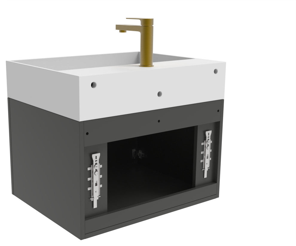 CastelloUSA Amazon 24" Wall Mounted Bathroom Vanity Set, Black, White Top, Gold