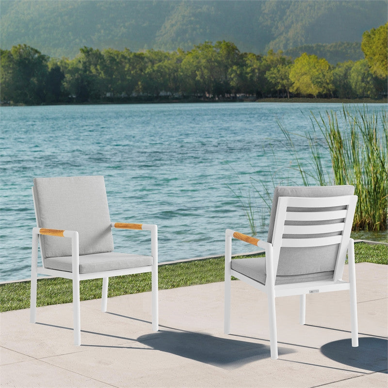 Crown Aluminum and Teak Outdoor Dining Chair Set of 2, White