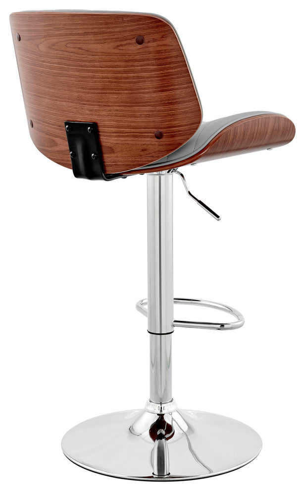 Adjustable Gray Faux Leather Chrome and Walnut Bar Stool