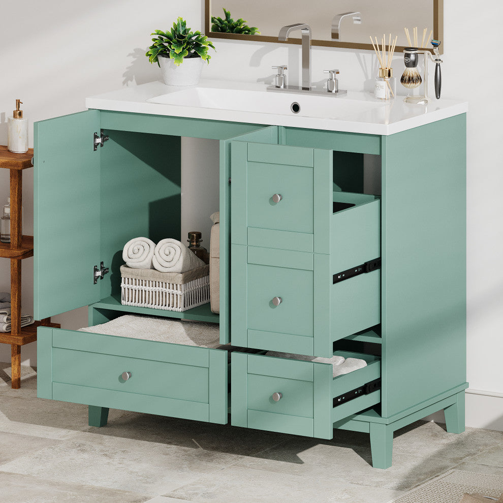 36" Freestanding Bath Vanity Set, Integrated Resin Sink, Green