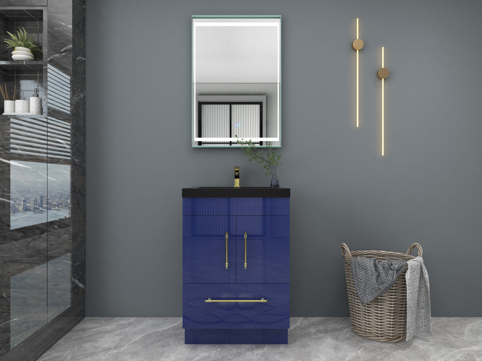 Rosa 24" Free Standing Modern Vanity, High Gloss Night Blue, Matt Black Top