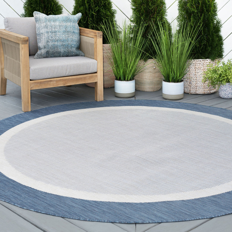 Dania Transitional Solid Border Blue/Cream Round Indoor/Outdoor Area Rug, 8'