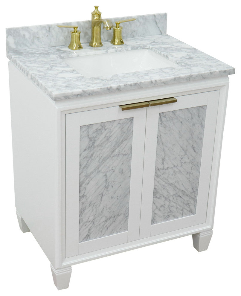 31" Single Sink Vanity, White Finish With White Carrara Marble