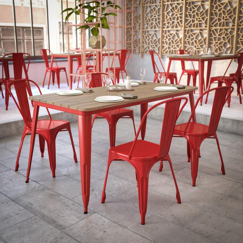Declan Commercial Indoor/Outdoor Dining Table with Umbrella Hole, 30" x 60", Brown/Red