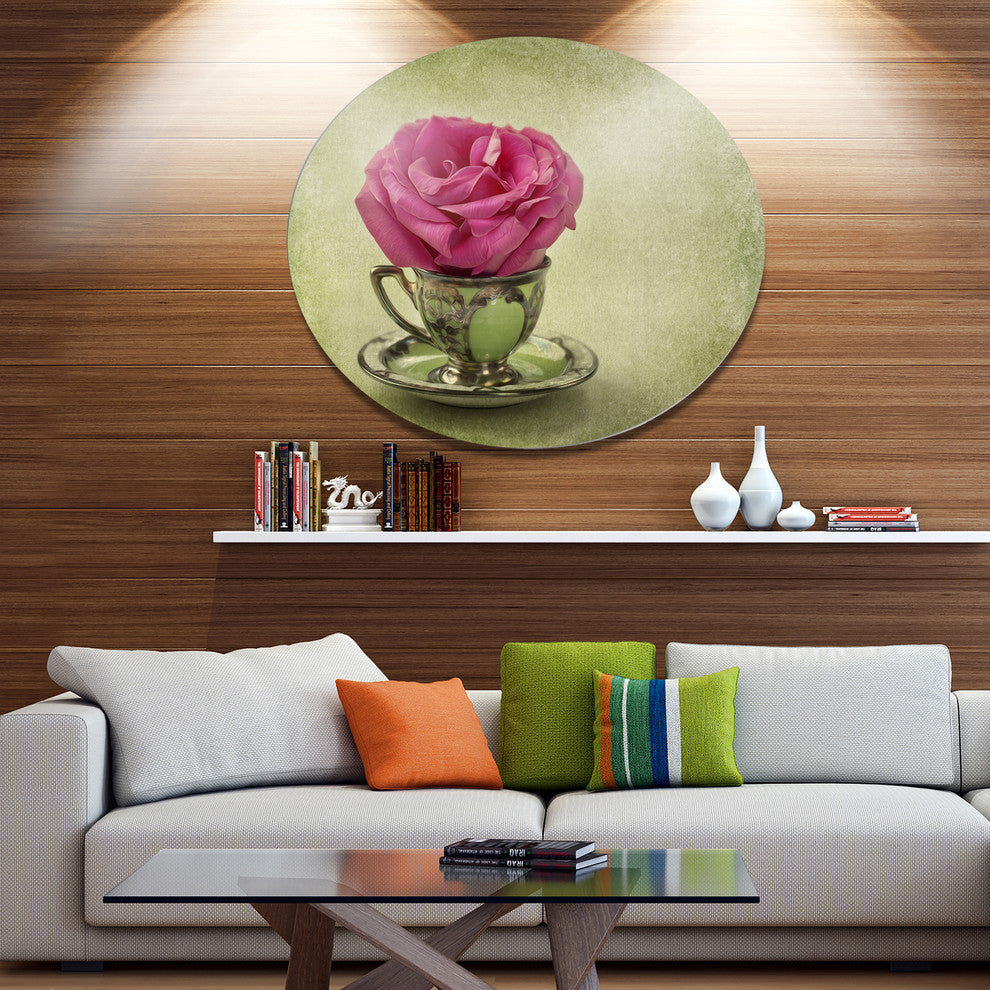 Red Rose In Cup And Saucer, Floral Disc Metal Artwork, 11"