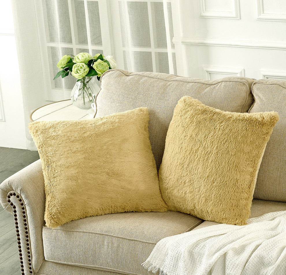 Heavy Faux Fur Throw Pillow Covers 2pcs Set, Misted Yellow, 20''x20''