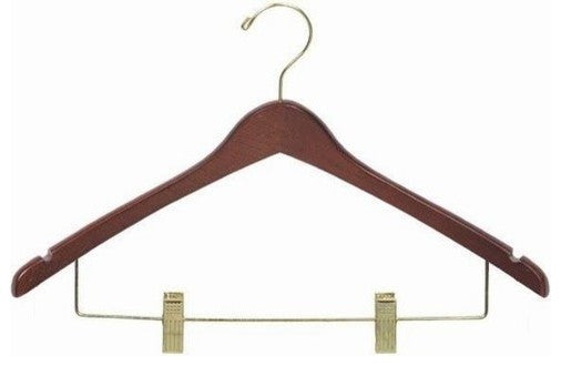 Contoured Wooden Suit Hanger With Clips, Walnut, Set of 25