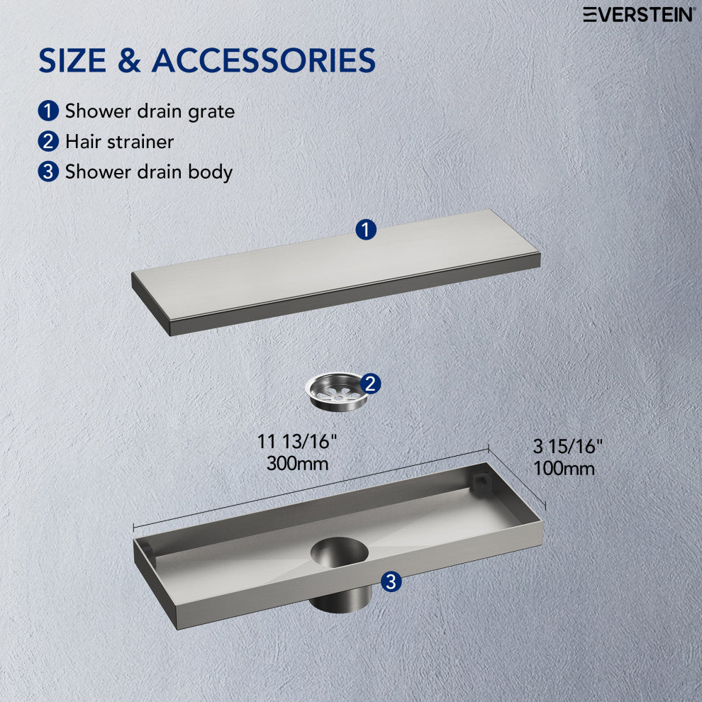 Linear Shower Drain with Hair Strainer and Reversible Tile Insert Cover, Brushed Nickel