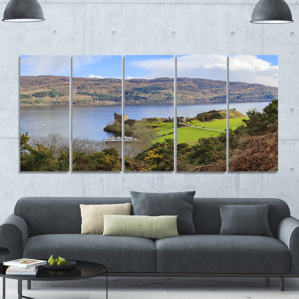 Lago Ness and Urquhart Castle, Landscape Canvas Art Print, 60"x28", 5 Panels