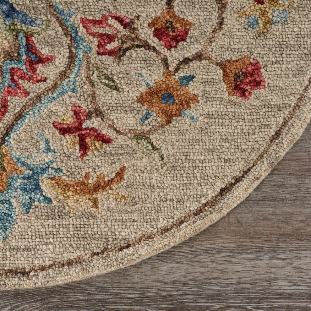 4" Round Beige Floral Medallion Area Rug