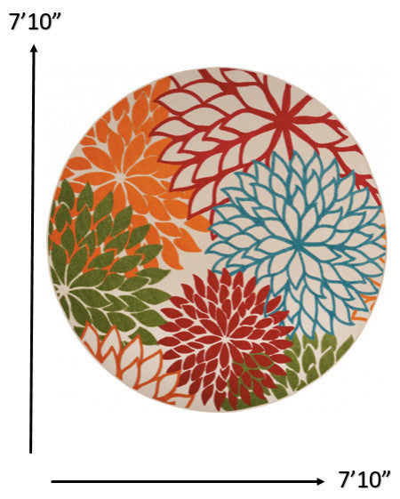 8' Round Green And Ivory Round Floral Indoor Outdoor Area Rug