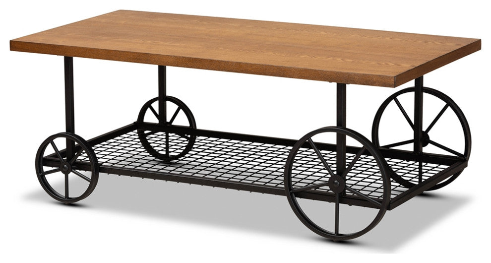 Vintage Walnut Brown Finished Wood Black Finished Metal Wheeled Coffee Table