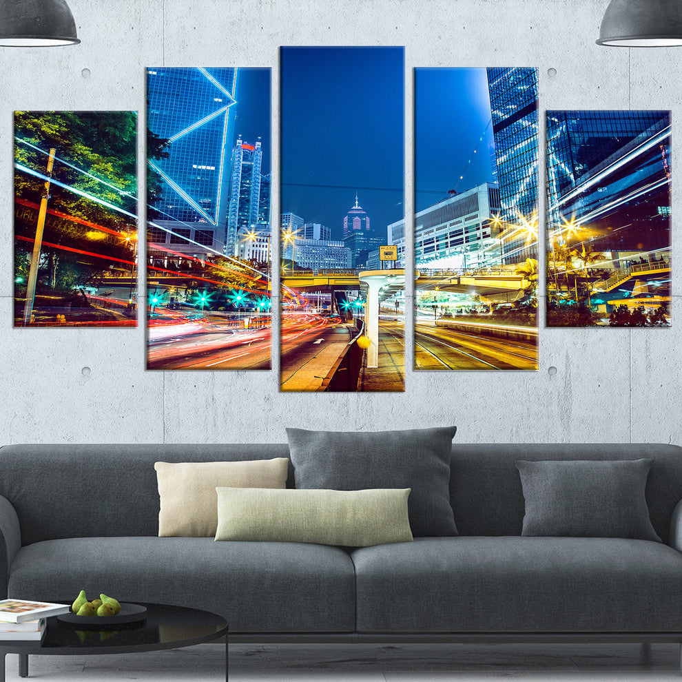 Hong Kong City Night Scene, Cityscape Art Print on Canvas, 60"x32", 5 Panels