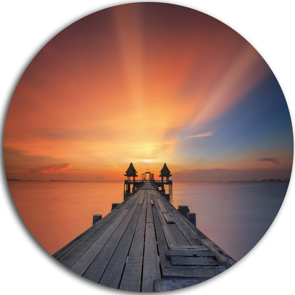 Wooden Bridge Under Illuminated Sky, Seascape Disc Metal Wall Art, 36"