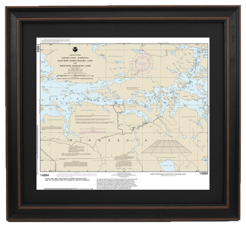 Framed Nautical Chart, W. Namakan & E. Kabetogama Lake, Minnesota, 36x31