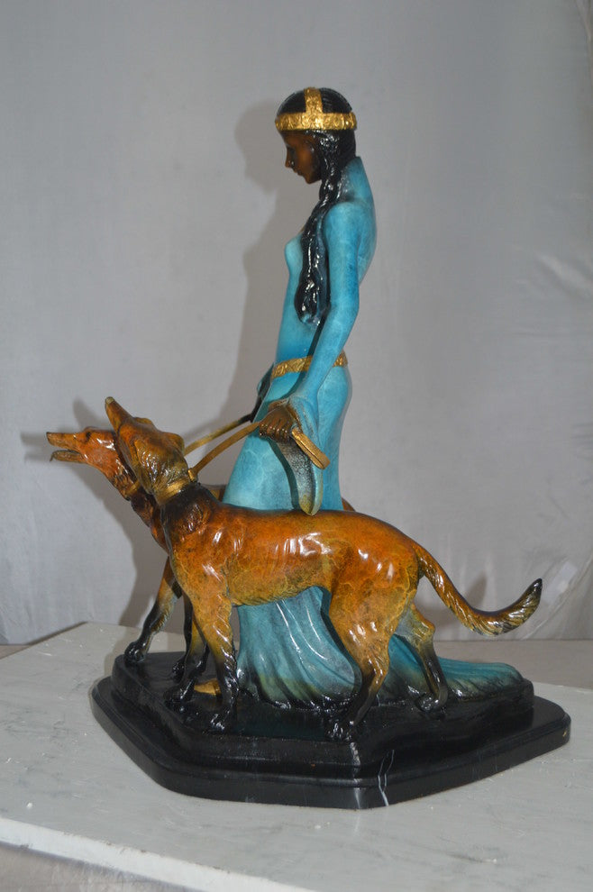 Lady with Her Two Dogs Bronze Statue -  Size: 18"L x 12"W x 23"H.