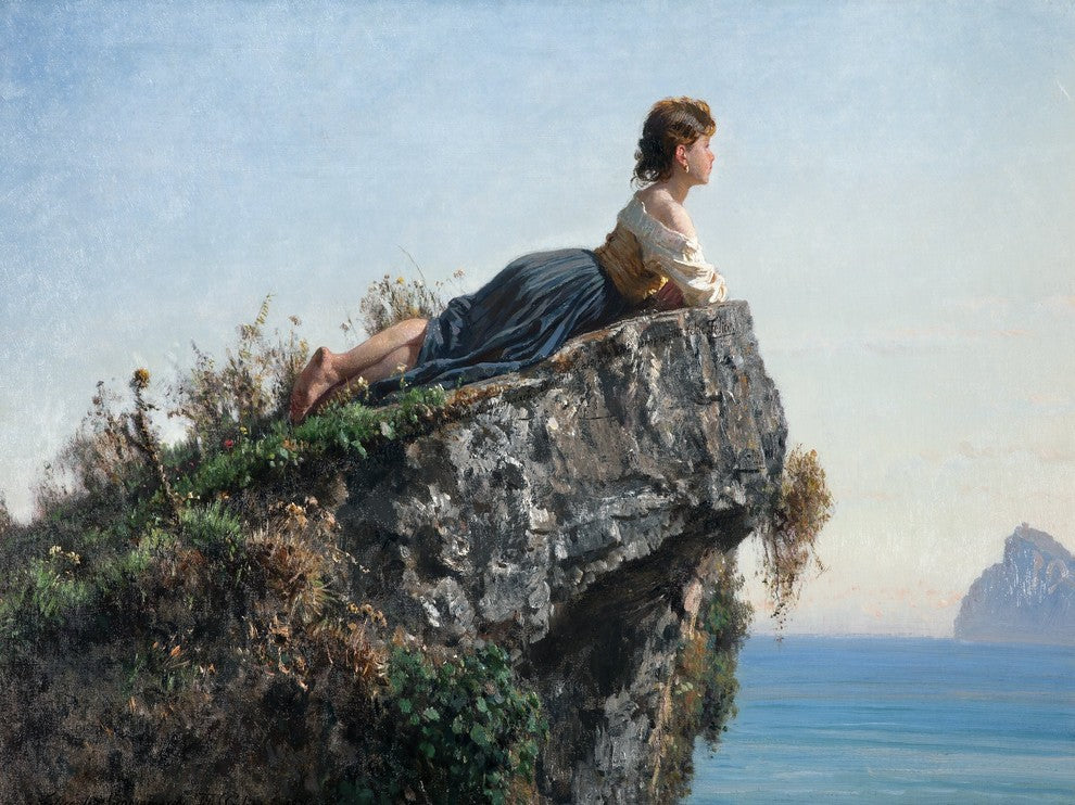 Tile Mural Landscape Girl Rock Sea By Filippo Palizzi, 6"x8", Matte