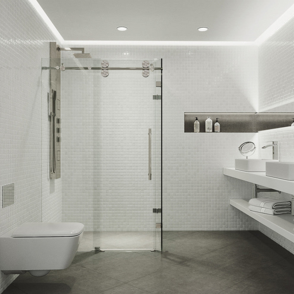 VIGO Winslow Frameless Sliding Shower Enclosure, Stainless Steel, 35" D X 46" W X 74" H, Without Base