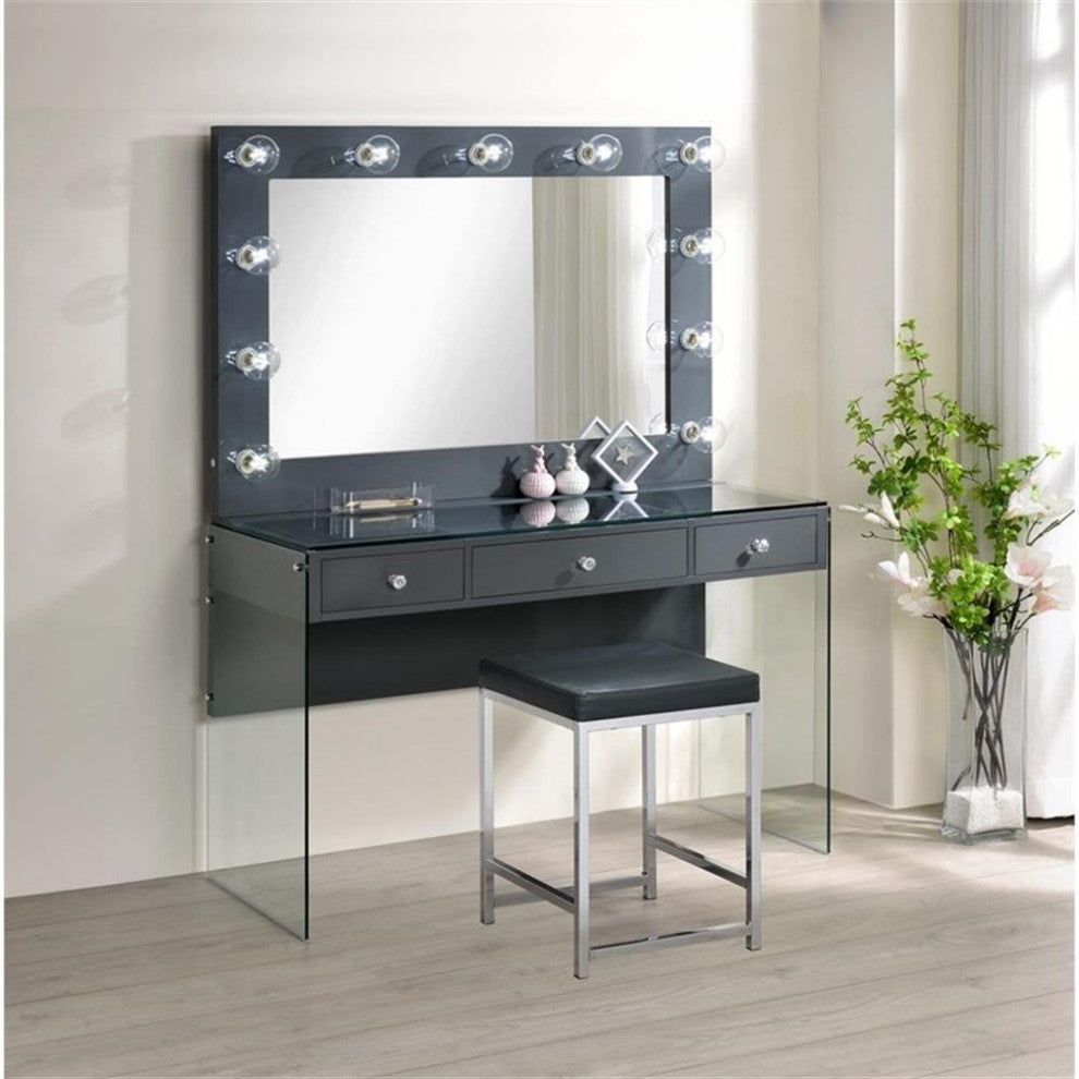 Coaster Afshan Upholstered Faux Leather Vanity Stool with Square Padded in Gray