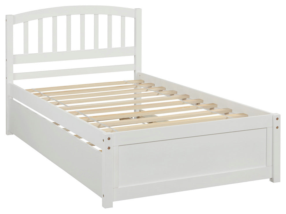 TATEUS Twin Platform Bed With Trundle, Wood Bed Frame With Headboard, White