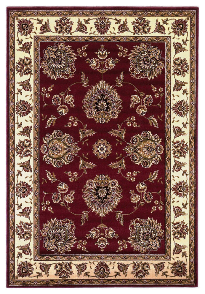 HomeRoots 7' Octagon Red or Ivory Floral Bordered Indoor Area Rug