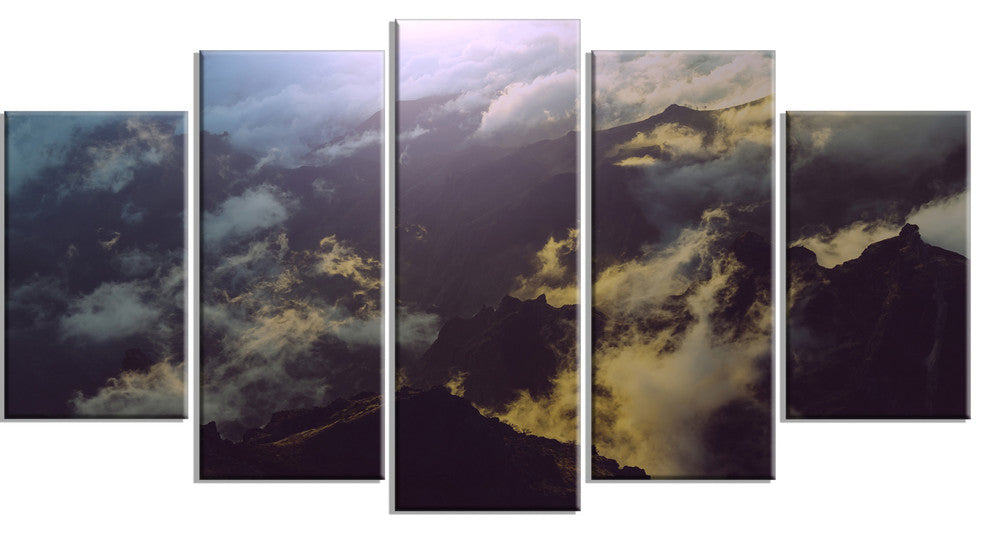 Mountain Above the Clouds View, Landscape Canvas Art Print, 60"x32", 5 Panels