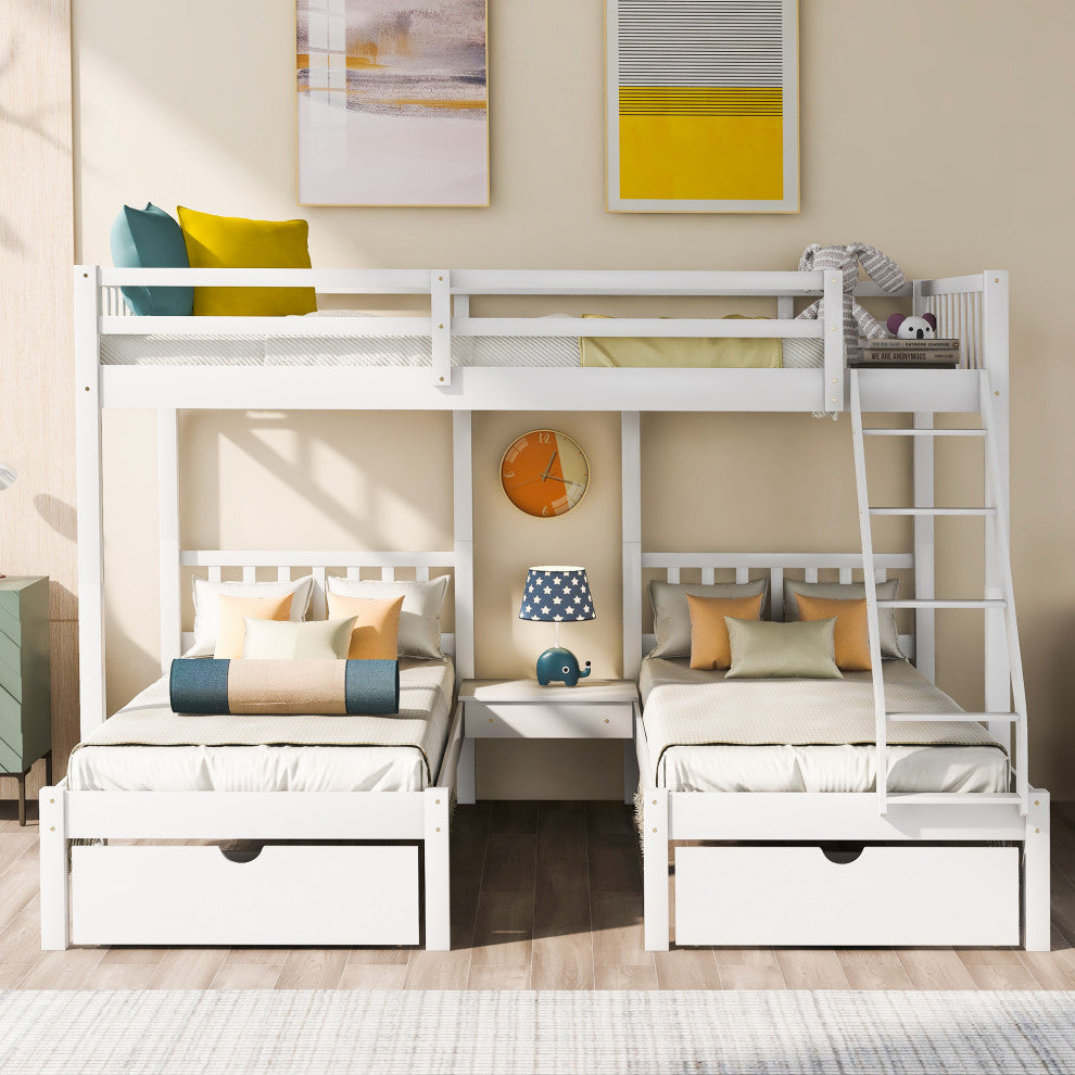 Gewnee Full Over Twin Wood Triple Bunk Bed with Drawers In White