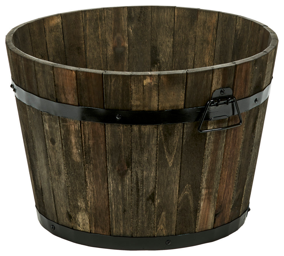 13" Wood Barrel Planter With Brown Oil