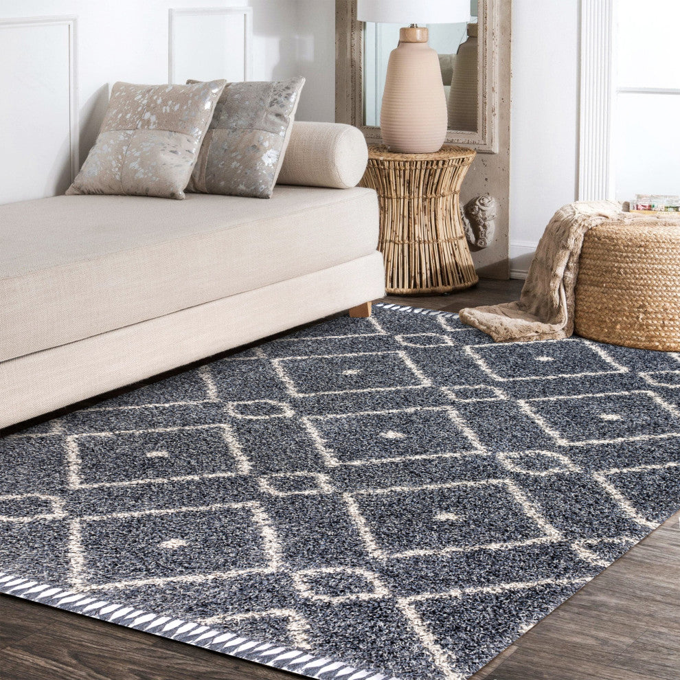 Mercer Shag Plush Tassel Moroccan Diamond Area Rug, Denim Blue/Cream, 3 X 5