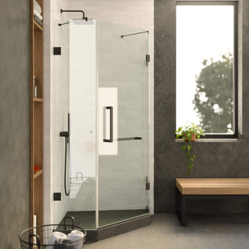 Shower Enclosure Neo Angle Frameless Tempered Glass, Black, 30" X 30"