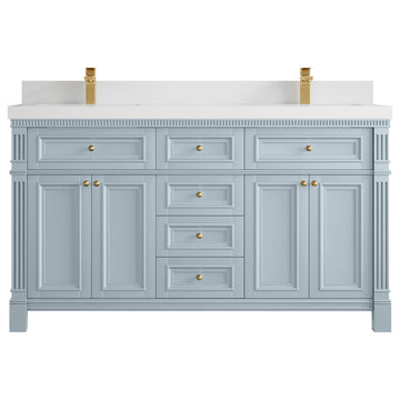 Paris 60" Double Sink Bathroom Vanity, Blue Heather 2" White Quartz
