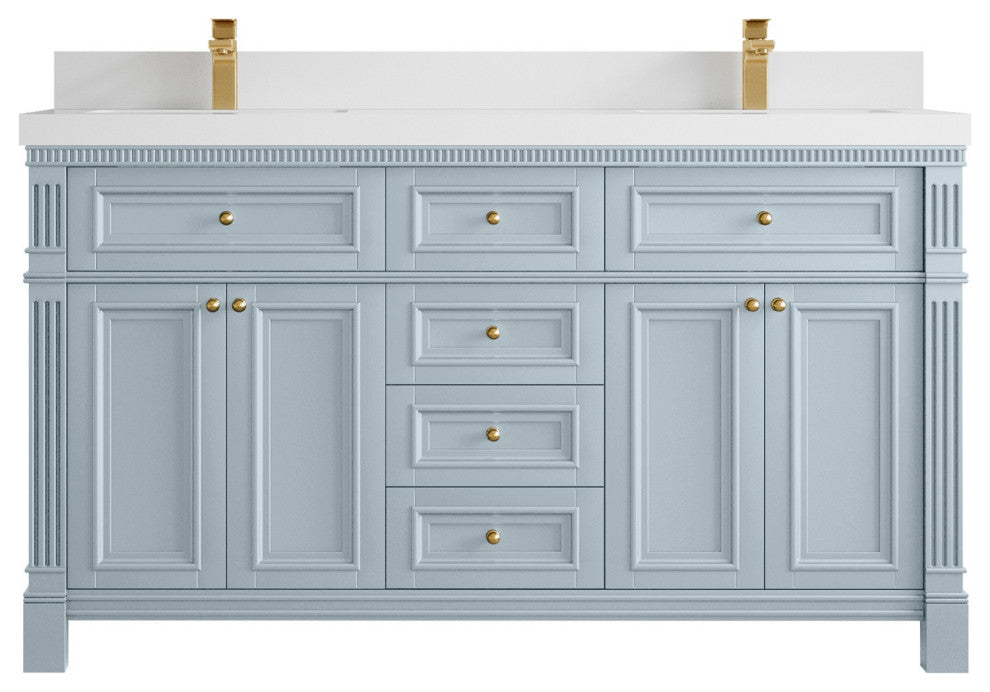 Paris 60" Double Sink Bathroom Vanity, Blue Heather 2" White Quartz