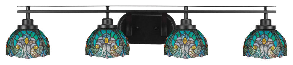 Odyssey 4 Light Bath Bar, Matte Black Finish, 7" Turquoise Cypress Art Glass