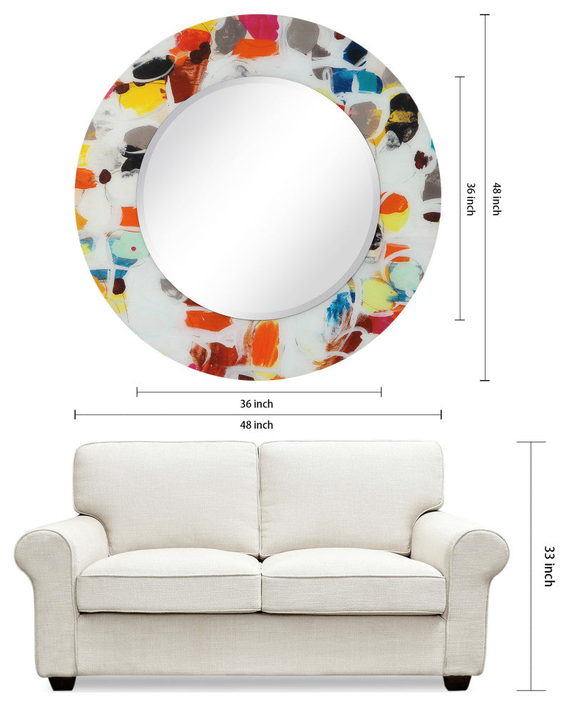 "Party" Round Beveled Wall Mirror on Floating Printed Tempered Art Glass