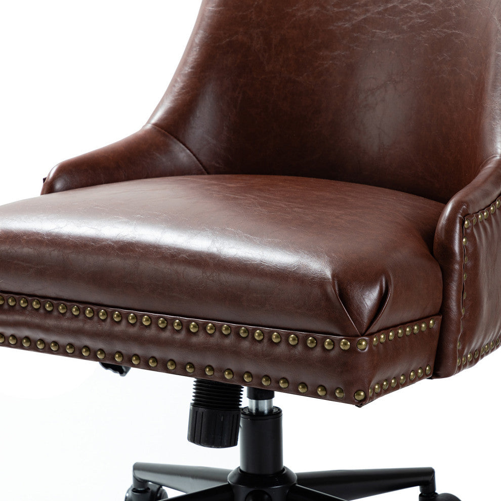 Upholstered Swivel Task Chair With Nailhead Trim, Brown