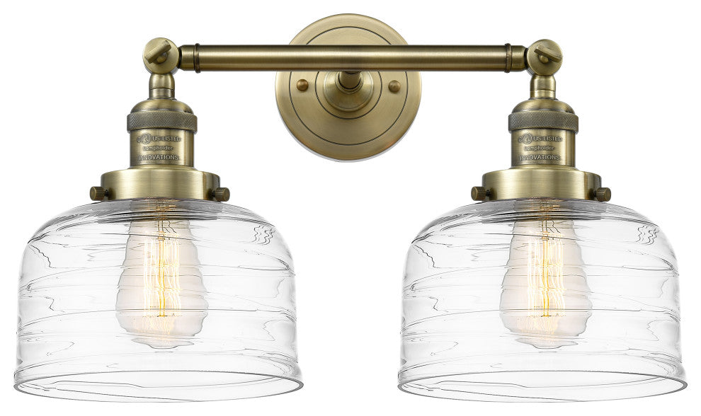 Large Bell 2 Light Bath Vanity Light, Antique Brass, Clear Deco Swirl