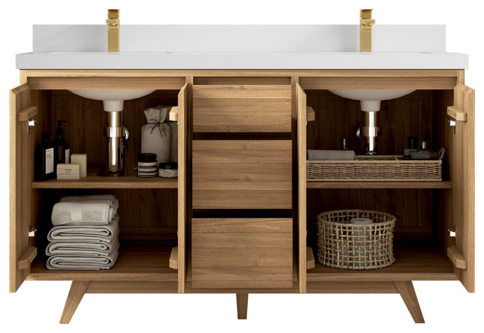 Madison Teak 60 Double Bathroom Vanity in Light Natural 2" White Quartz