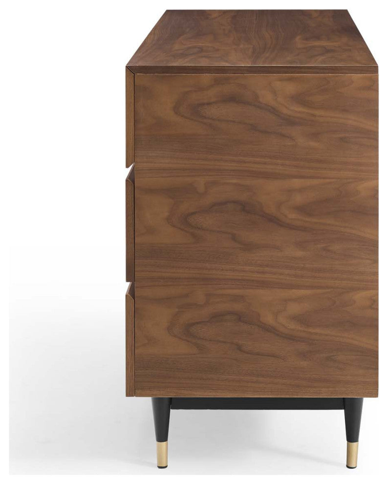 Dresser Drawer Chest Mirror Set, Wood, Brown Walnut, Modern Living Room