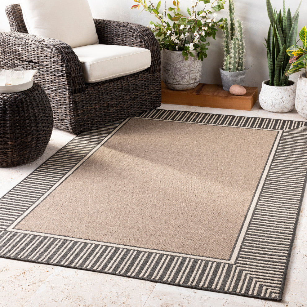Alfresco Bordered Camel, Black Area Rug, 2'3"x7'9" Runner