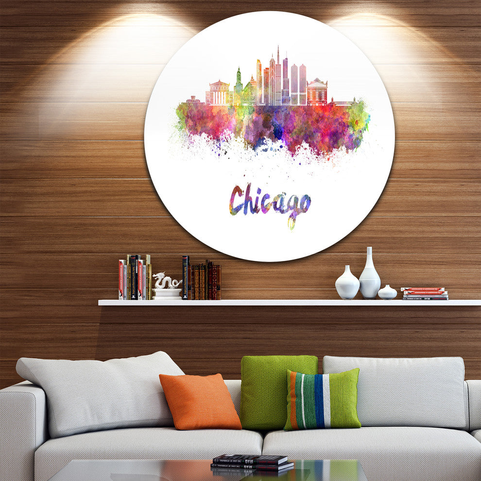 Colorful Chicago Skyline In Watercolor, Disc Metal Wall Art, 11"