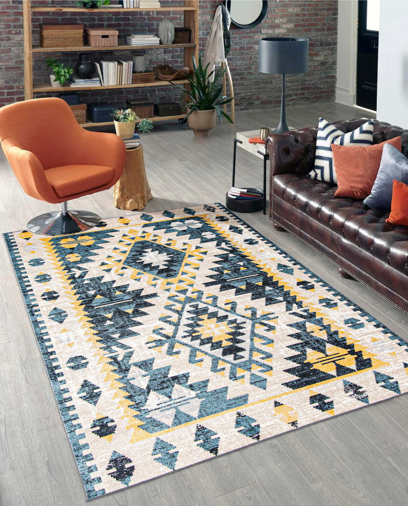 Aqua Mosaic Area Rug, Taupe/Blue, 5'x7'