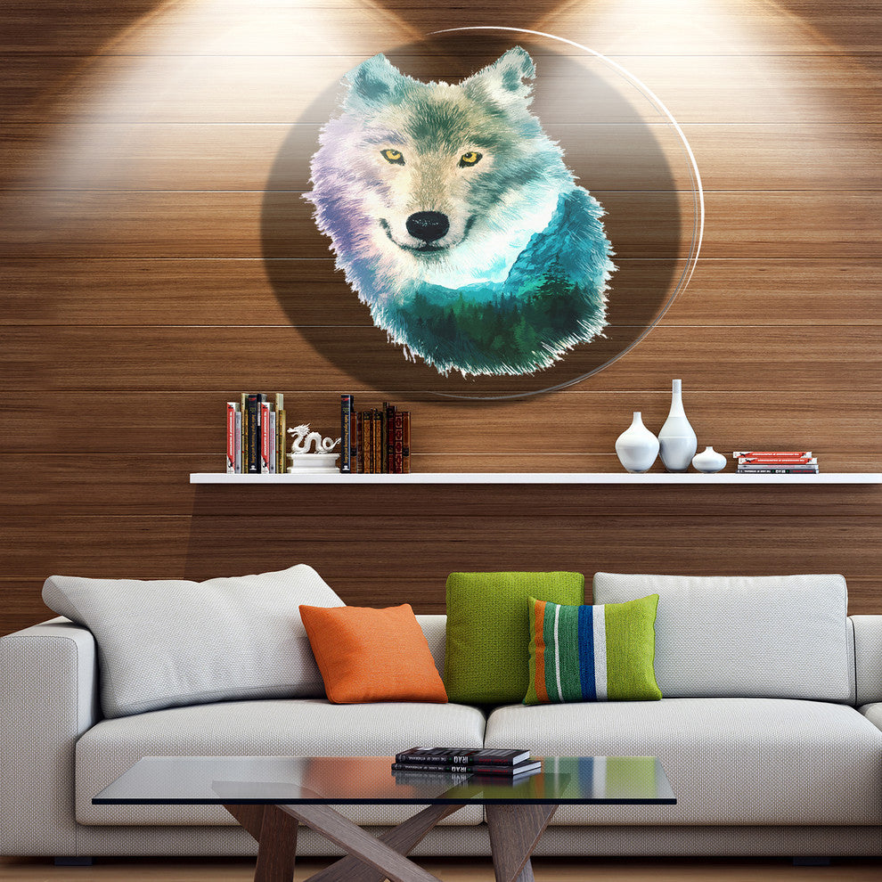 Wolf Head Double Exposure Drawing, Animal Round Metal Wall Art, 23"
