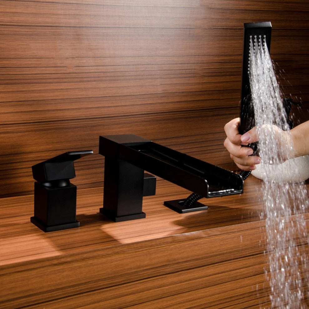 Mill Deck-Mount Waterfall Roman Bathtub Filler Faucet with Handshower, Matte Black