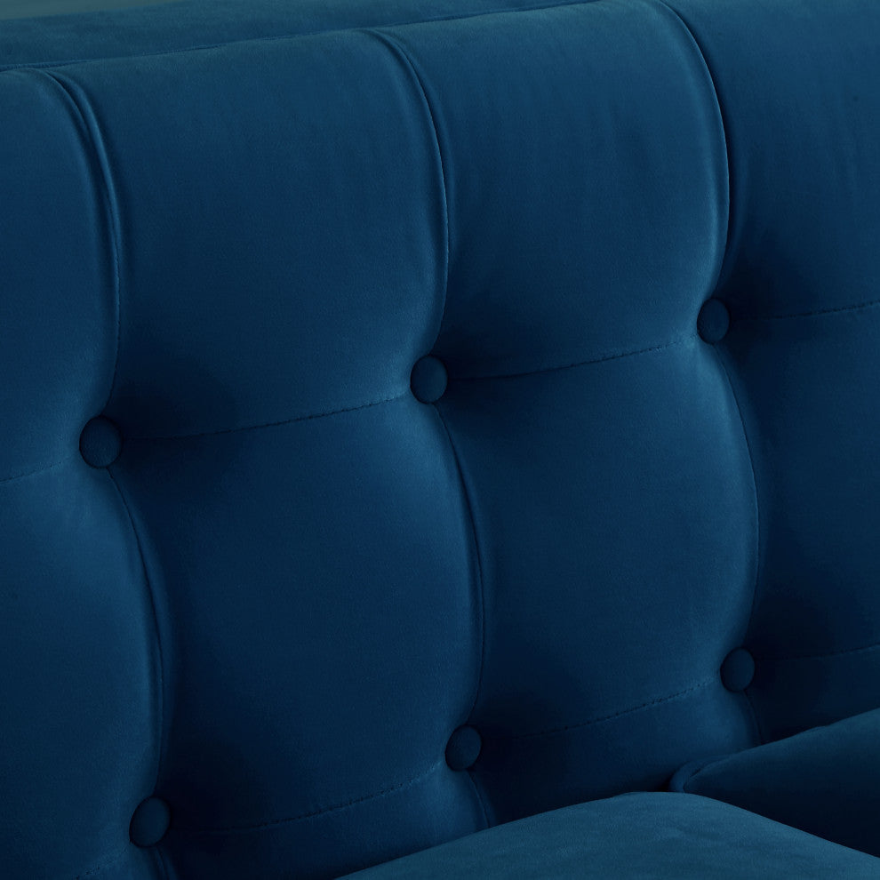 Branwen Velvet Button Tufted Sofa, Square Arms Tapered Leg, Navy