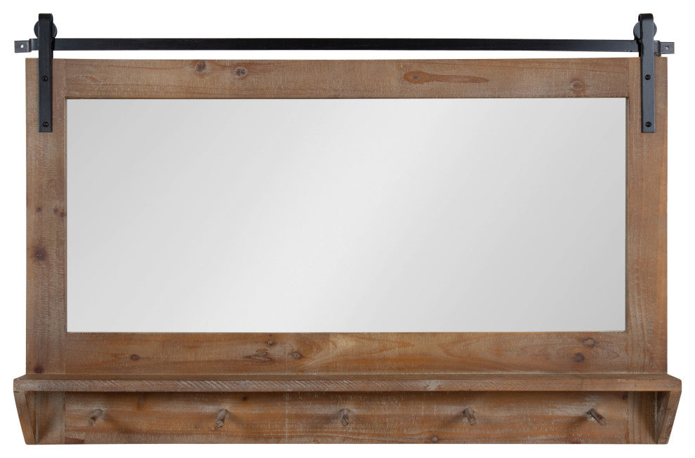 Cates Framed Wall Mirror with Shelf and Hooks, Rustic Brown 42x27