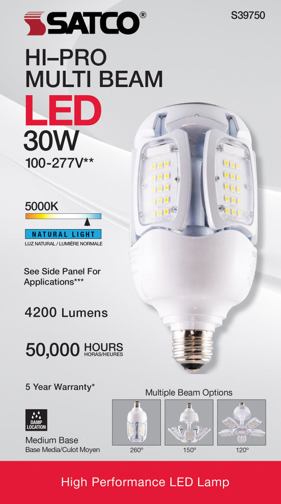 30W LED HID Replacement, 5000K, Medium Base, Adjustable Beam Angle, Type B B