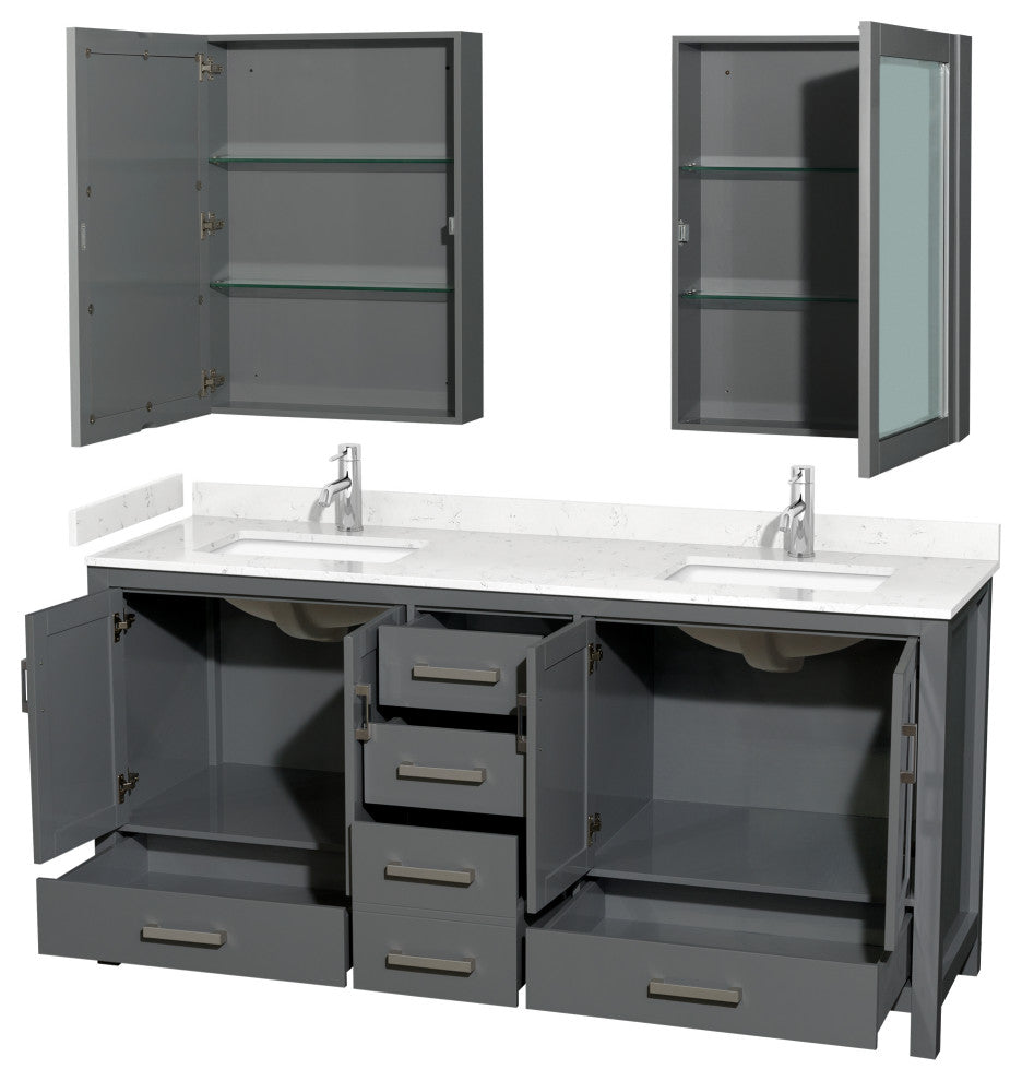 72"DBL Vanity Dark Gray, Carrara Cult. Marble Countertop, Sinks, Med. Cabinets