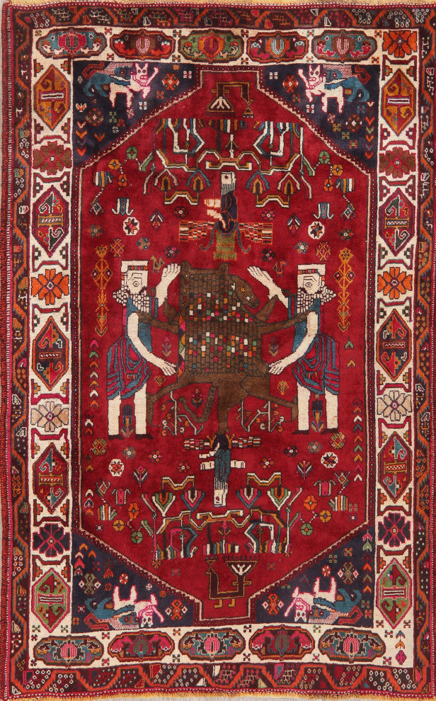Consigned, Vintage Novelty Traditional Hand Made Persian Area Rug, Red, 4x6