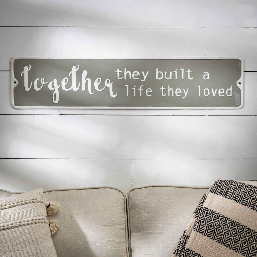 Set of 2, 38.39" White and Gray Embossed Metal Inspirational Signs